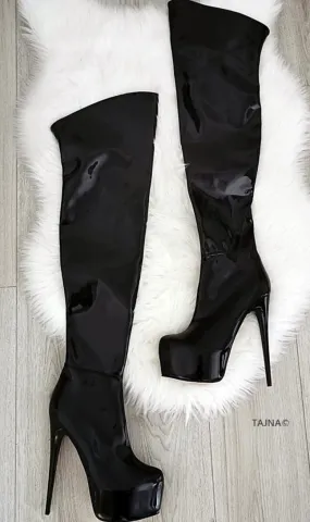 Black Patent Strech Knee High Boots