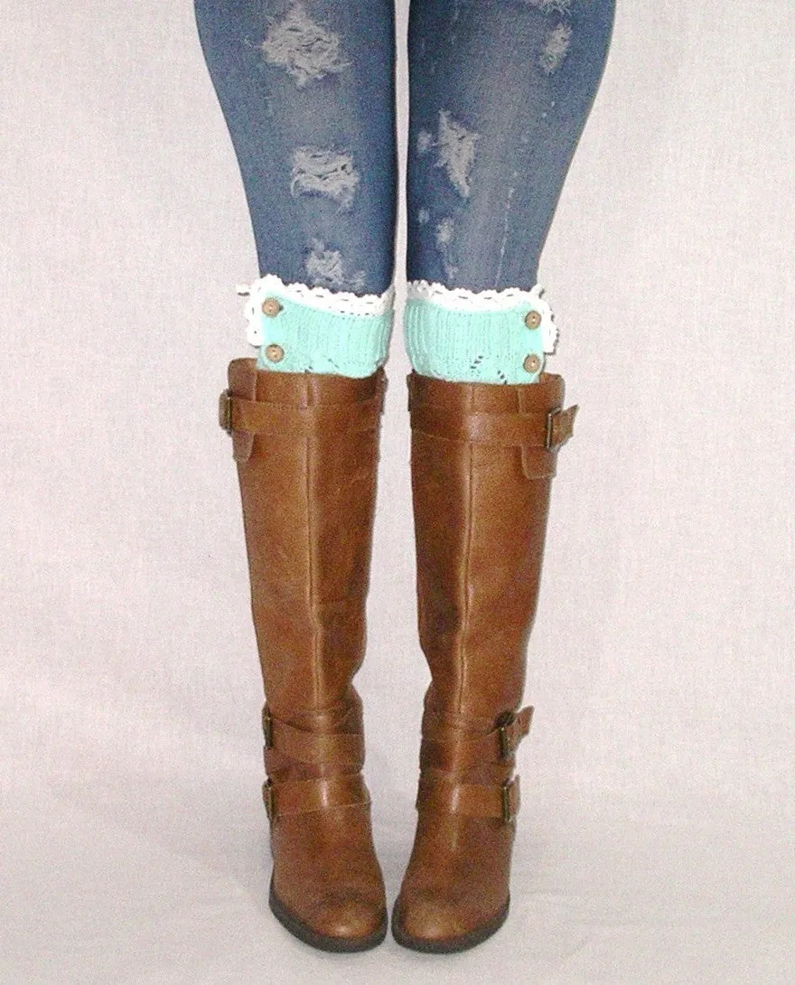 Boho Boot Cuffs Lace Button Top Mint White Crochet Lace Boot Toppers One Size