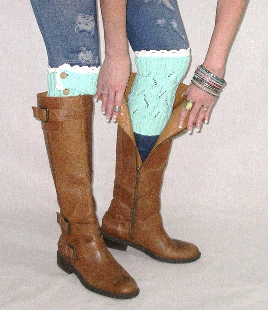 Boho Boot Cuffs Lace Button Top Mint White Crochet Lace Boot Toppers One Size